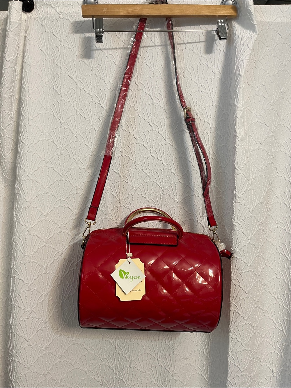 Vegan Red Quilted Barrel Crossbody Bag with Top Handle